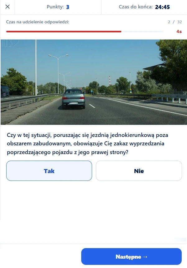 Egzamin próbny — ekran mobilnej apki e-Testy na Prawo Jazdy