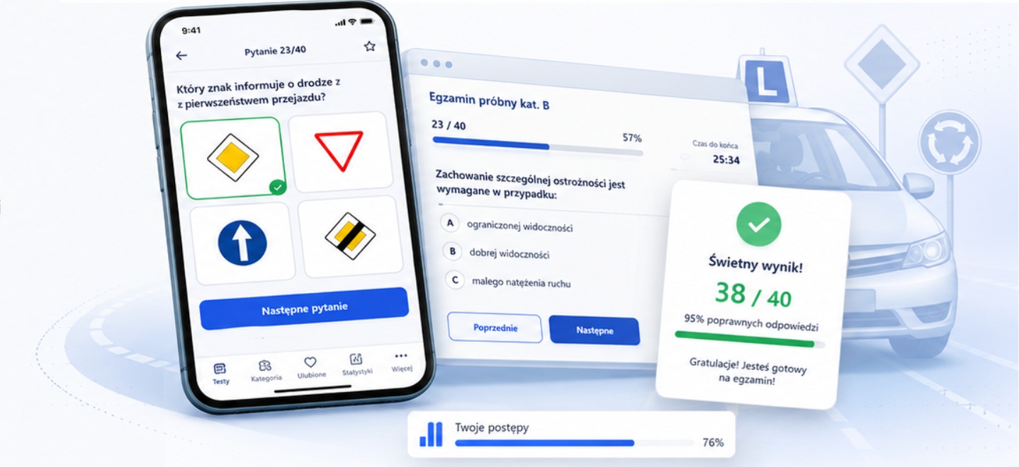 Instruktorzy e-Testy na Prawo Jazdya z telefonem pokazujacym aplikacje